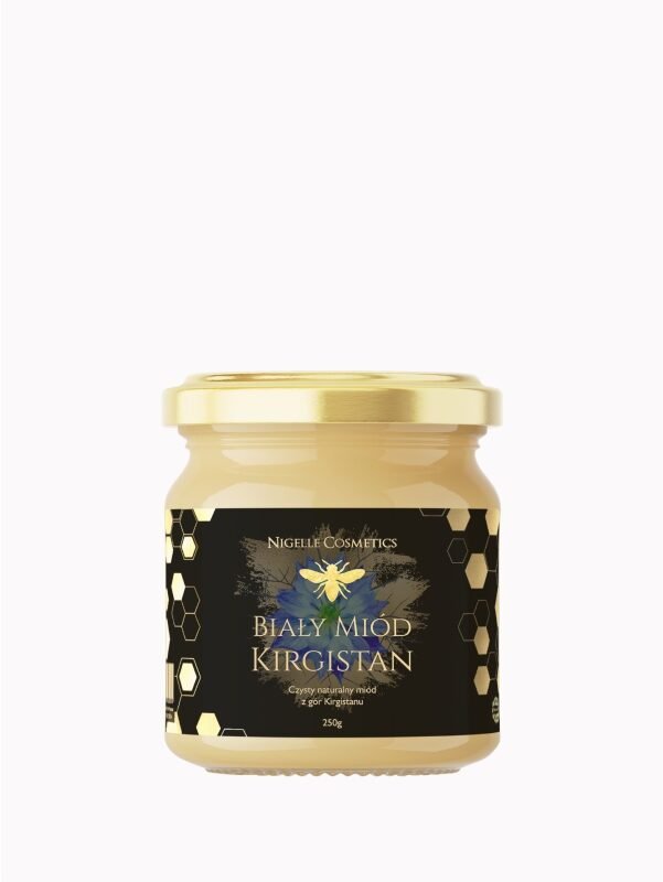 Słoik naturalnego białego miodu z Kirgistanu na białym tle.