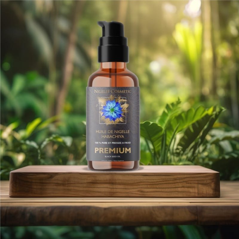 Butelka oleju z czarnuszki marki Nigelle Cosmetic, oznaczona etykietą „Habachiya Premium”, umieszczona na drewnianej desce pośród bujnego lasu, z promieniami słońca w tle.