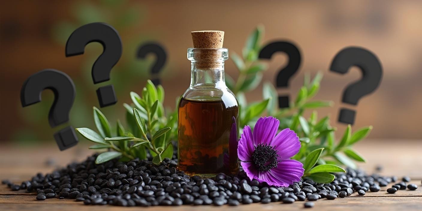 Butelka oleju z czarnuszki otoczona czarnymi nasionami, kwitnącą rośliną Nigella sativa i znakami zapytania.